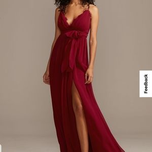 Lace trim spaghetti strap chiffon dress with sash. Size 15 color wine.